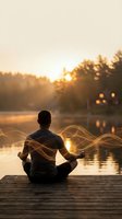 Man meditating on wooden dock at sunset with golden light trails creating energy waves around his silhouette by peaceful lake for wellness and mindfulness concepts.
