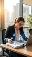 Professional businesswoman working on laptop with digital security icons overlay in modern office environment for cybersecurity and data protection concepts.