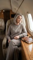 Elegant mature Caucasian businesswoman in gray cashmere outfit relaxing in luxury private jet cabin during flight for corporate travel and lifestyle.