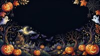 Spooky haunted house with jack-o-lanterns, ghosts, bare trees, and autumn leaves frame dark night sky. Halloween border design for seasonal greeting cards, invitations, and festive decorations.