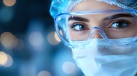 Close-up portrait of medical professional wearing protective goggles, surgical mask and cap against blurred blue background with bokeh lights.