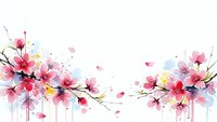 Watercolor cherry blossom branches with pink flowers and falling petals on white background, spring floral design for greeting cards and decorations.
