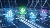 Digital business analytics dashboard with glowing icons showing growth chart, team management, target goals and search tools on futuristic circuit board background.