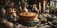 Rustic homemade pie with golden crust on stone platter surrounded by candles, herbs, and vintage tableware in cozy atmospheric setting.