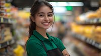 Young Asian female retail worker in green uniform and black apron smiling warmly at camera in grocery store aisle with blurred shelves background.