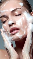 Young woman with closed eyes applying foaming facial cleanser, showcasing skincare routine against blue-gray background. Perfect for beauty product advertising.