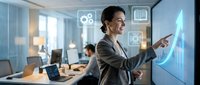 Professional businesswoman analyzing digital growth chart with tablet in modern office environment for corporate presentations and financial success concepts.