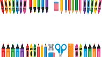 Assorted colored markers, crayons, pencils and scissors isolated on white background, ready for design use in educational materials, crafts, clipart and creative projects.
