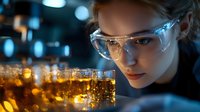 Young female scientist in protective eyewear examining test tubes with amber liquid in modern laboratory setting with dramatic blue lighting and bokeh background.