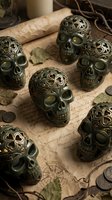 Ornate bronze skull figurines with intricate filigree detailing arranged on vintage manuscript pages, surrounded by dried botanicals and antique coins for gothic, steampunk, and occult-themed designs.