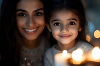 Young South Asian mother and daughter share tender moment together in warm candlelight, creating intimate family portrait with soft bokeh lighting effects.