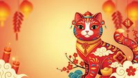 Festive cat in traditional red and gold attire with ornate patterns surrounded by lanterns and decorative elements for lunar new year celebrations.