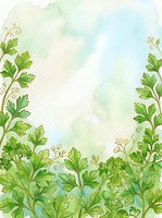 Watercolor botanical frame with green foliage and delicate flowering plants on soft pastel background, ideal for spring designs, invitations, and nature-themed projects.