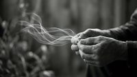Elderly hands cupping glowing light with flowing energy streams in monochrome. Spiritual healing, hope, protection and divine power concept for wellness designs.