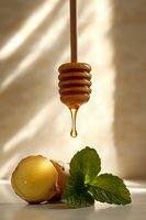 Golden honey dripping from wooden dipper with fresh mint leaves and apricot in soft natural lighting, creating warm and inviting food composition.