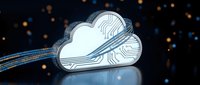 Cloud computing technology with glowing circuit patterns and data streams on dark background for digital transformation and IT infrastructure concepts.