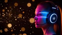 Young woman wearing headphones with neon lighting effects and golden bokeh background for gaming, music, technology and entertainment concepts.