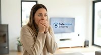 Young Caucasian woman in beige sweater looking concerned while viewing home security system interface on computer screen in modern living room.