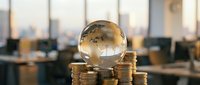 Crystal globe on golden coins stack in modern office representing global finance, investment growth and worldwide business success opportunities.