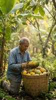 Senior farmer harvesting fresh cacao pods in tropical plantation. Elderly man collecting cocoa fruits in wicker basket among lush green foliage for chocolate production.