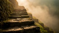 Ancient stone steps covered in moss leading upward through misty mountain landscape at golden sunrise creating mystical atmospheric pathway for spiritual journey.