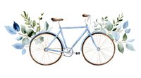 Watercolor illustration of light blue vintage bicycle with brown leather seat surrounded by green and blue eucalyptus leaves and botanical elements.