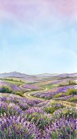 Lavender field landscape with rolling hills, winding paths, and purple flowers under soft pastel sky. Suitable for travel, nature, and wellness design projects.