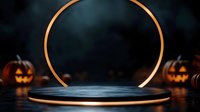 Halloween product display platform with glowing orange neon arch and carved pumpkins in dark atmospheric background, black podium for merchandise presentation.