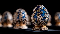 Ornate decorative egg with intricate gold filigree pattern on deep blue enamel background displayed on pedestal stand against dark backdrop. Luxury collectible art piece.