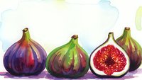 Watercolor fresh figs with one cut in half showing red flesh, painted in vibrant purple and green colors on white background for culinary designs.