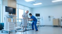 Senior Caucasian male patient practicing walking with parallel bars assisted by young Asian male physiotherapist in modern rehabilitation center.