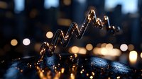 Glowing line graph made of fairy lights against dark background with bokeh effect, representing financial growth and market analysis data visualization.