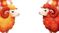 Two decorative rams with ornate patterns facing each other on white background for lunar new year celebrations and festive designs.