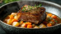 Juicy beef steak served in dark bowl with stewed vegetables, carrots and potatoes in savory broth, garnished with fresh thyme. Restaurant quality meal.
