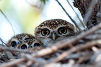 Curious owl family peeking through tree branches, mother and baby owls with big yellow eyes nestled in their natural habitat against soft blurred background.