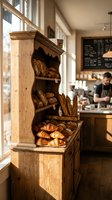 Rustic wooden bakery display filled with fresh croissants, baguettes and artisan bread loaves, with a barista working in the warm background.