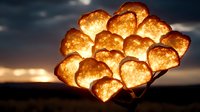 Glowing heart-shaped lanterns arranged in bouquet against dramatic sunset sky, creating romantic ambiance for wedding or Valentine's celebration.
