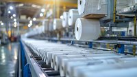 Industrial paper roll manufacturing production line with automated conveyor system and large white paper rolls in modern factory facility. Bokeh background effect.