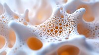 White soap foam with orange bubbles in macro photography creates abstract organic pattern with dynamic circular shapes and light effects. Suitable for cosmetic designs.