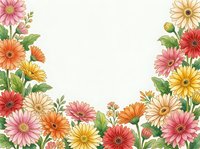Colorful hand-drawn gerbera daisy floral border frame with copy space, watercolor style, vibrant pink, orange, yellow blooms on white.