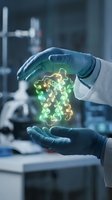 Scientist hands in blue gloves protecting glowing DNA double helix structure in modern laboratory for genetic research and biotechnology innovation.