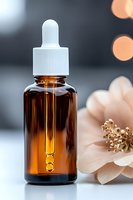 Amber glass dropper bottle with essential oil next to delicate pale flower on blurred background. Wellness and aromatherapy concept for spa and beauty products.