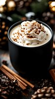 Creamy hot chocolate topped with whipped cream and cocoa powder in black mug, surrounded by pine cones, cinnamon sticks and festive bokeh lights.