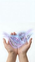 Open hands holding glowing purple and blue energy waves with digital network connections representing technology innovation and futuristic concepts.