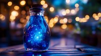 Glass jar filled with glowing blue magical light particles against warm bokeh background for fantasy and enchantment themed designs.