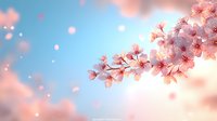 Delicate pink cherry blossoms against soft blue sky background with floating petals creating dreamy spring atmosphere, natural bokeh effect adds romantic mood.