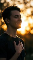 Young man with dark hair and light skin tone, eyes closed in peaceful expression, hand on chest, wearing black shirt, golden sunset bokeh background, conveying calm and mindfulness for wellness and lifestyle content.
