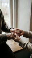 Young caregiver holding elderly person hands in warm sweater by window showing compassion support and intergenerational connection in home care setting.