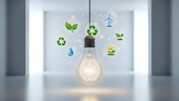Glowing light bulb with green eco symbols including recycling, plants, water drop and wind turbine representing sustainable energy and environmental innovation.