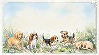 Adorable puppy dogs playing in garden with decorative border frame for greeting cards, children books, pet care designs and nursery decor projects.